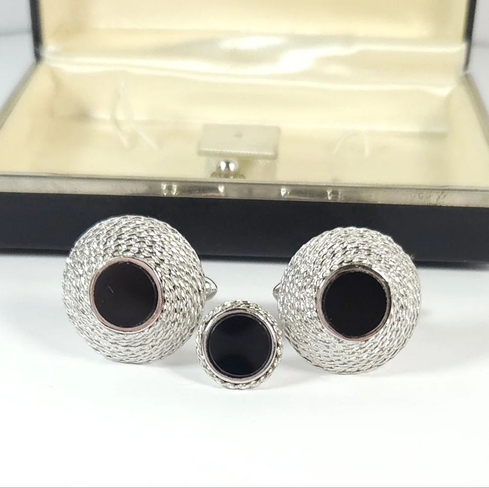 Vintage Swank Silver & Black Onyx Cuff Link Tie Lapel Pin Browning Fifth Avenue